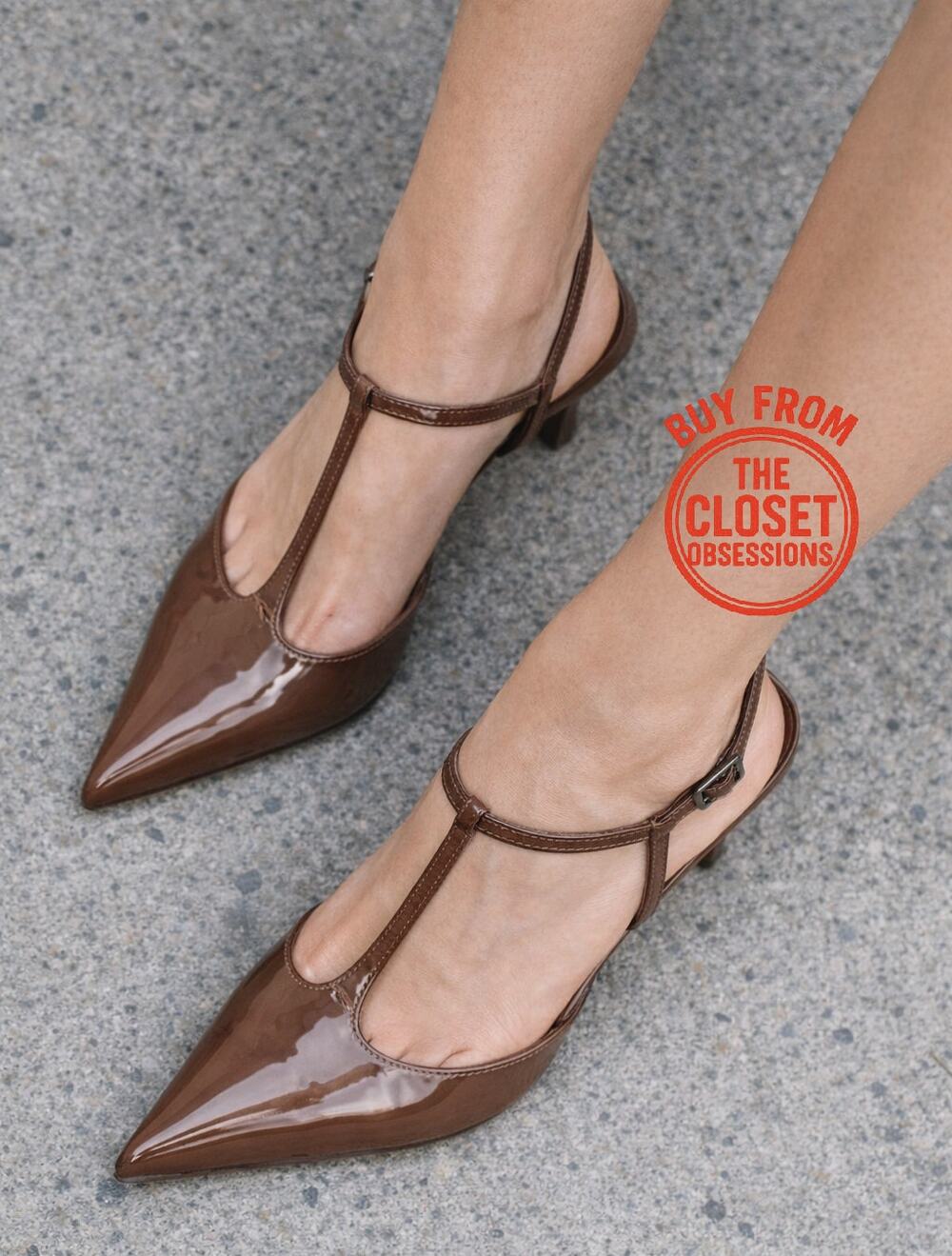 Zara NWT Brown Patent T Strap Slingback Pointed Toe Kitten Heels 9 10